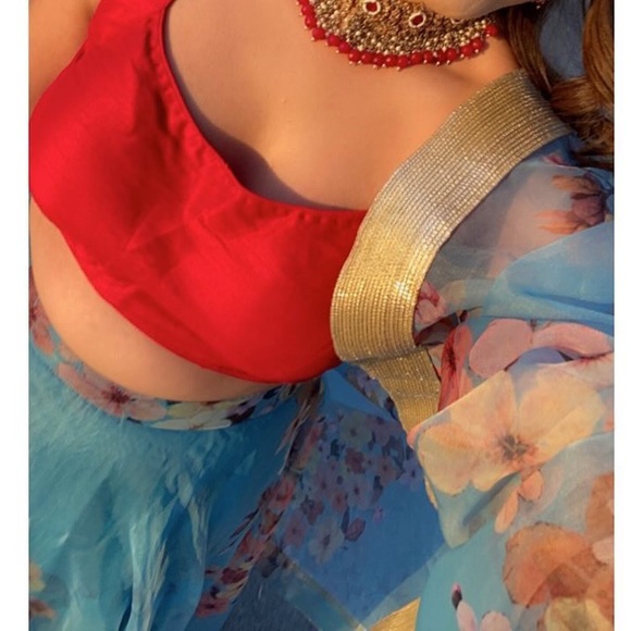 Dusty Blue Floral Organza Lehenga w/o Blouse - Picture 3 of 5